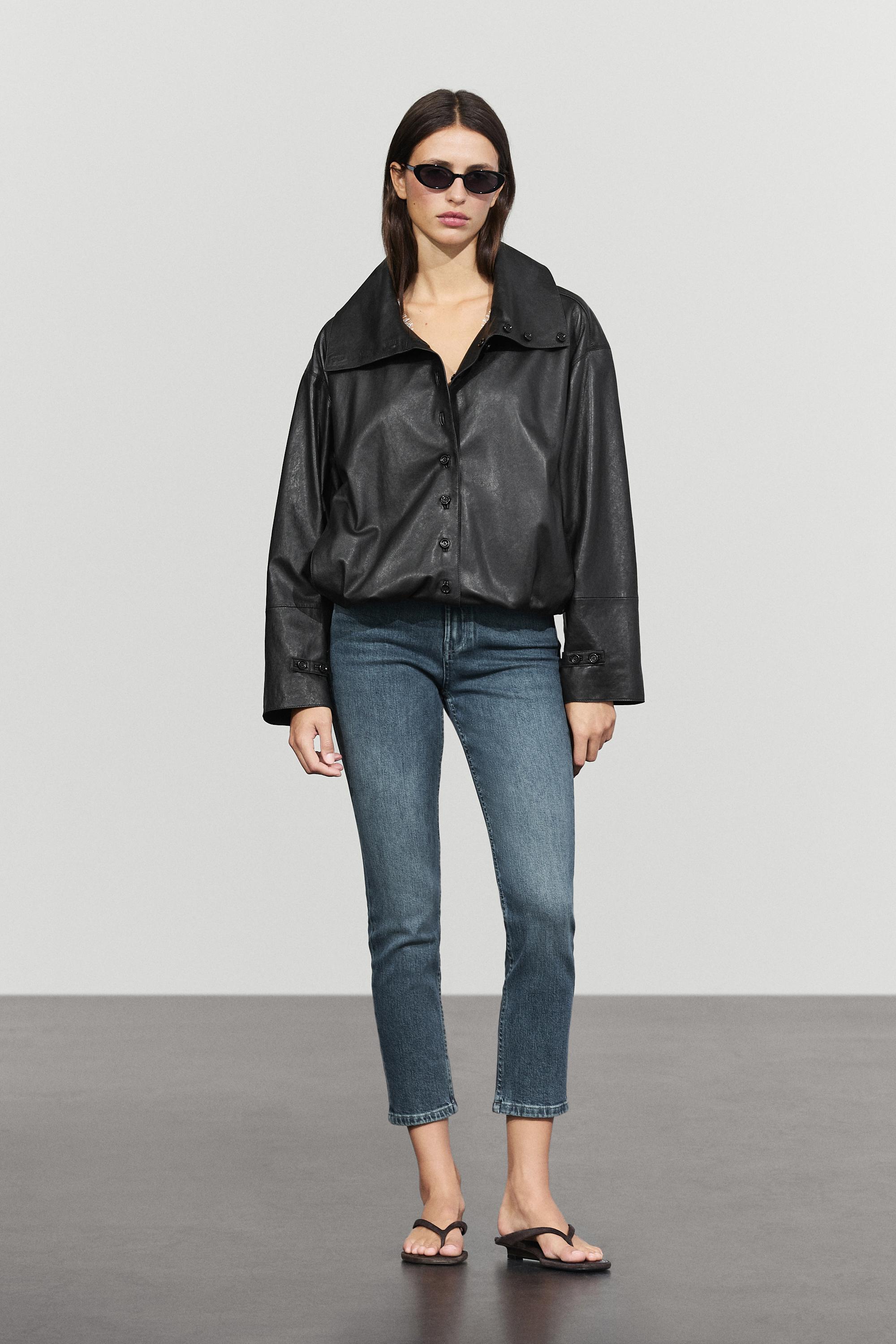 Nappa leather bomber jacket with button detail